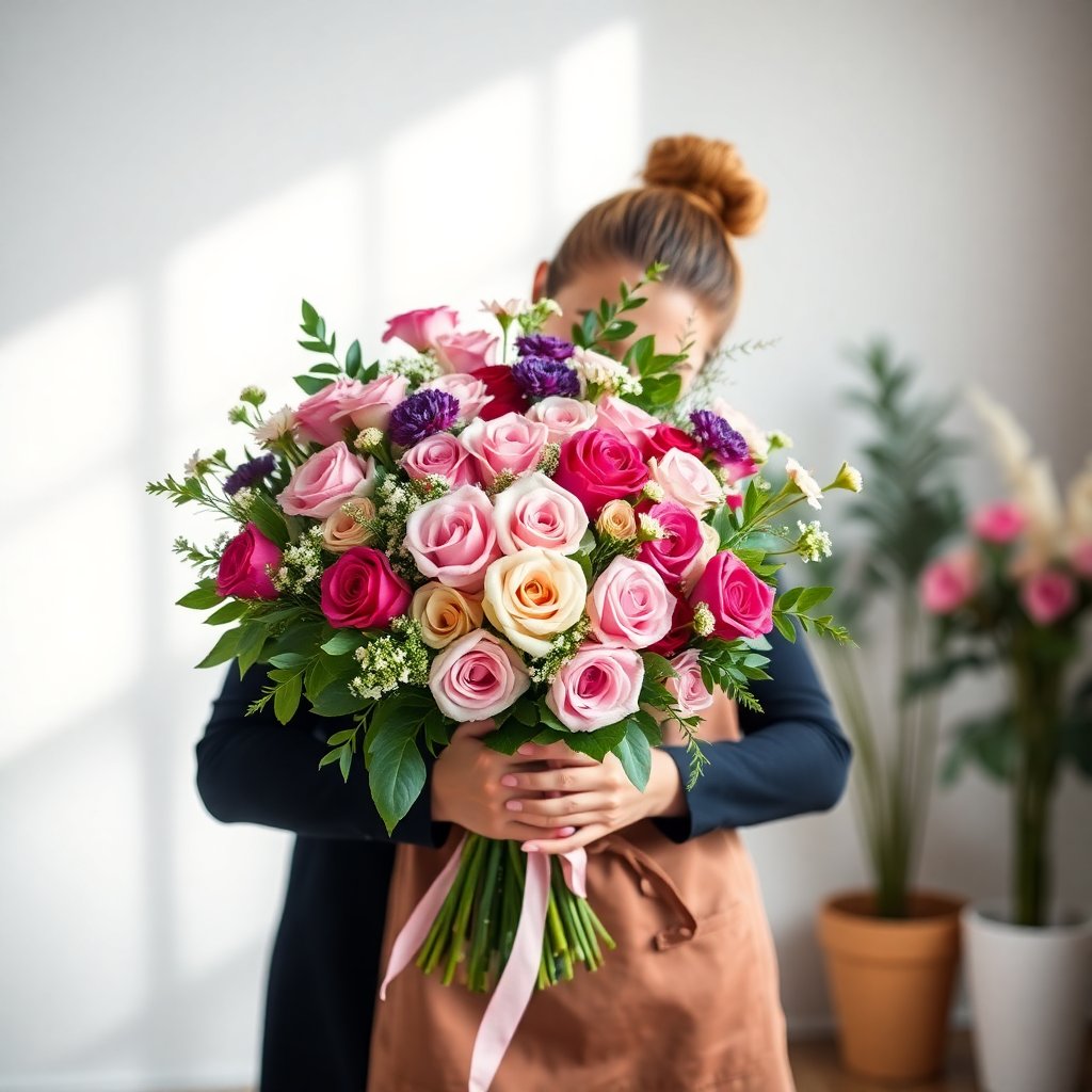 Professional female florist arranging a large romantic bouquet in a stylish studio, soft focus background, natural lighting, elegant apron, 8k, vertical orientation, high quality photography