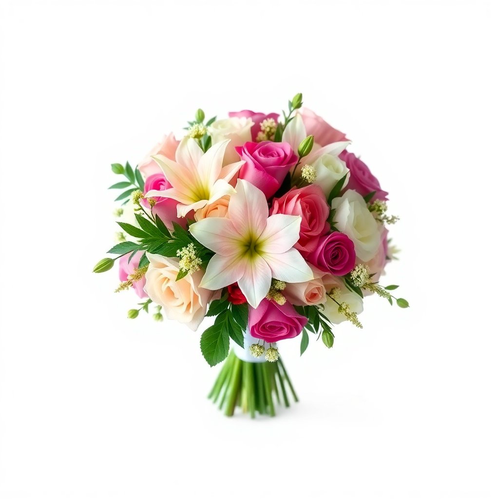 Luxury flower arrangement, elegant wedding bouquet, professional photography, soft lighting, high contrast, white background