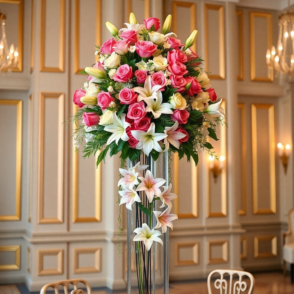 Tall luxury flower centerpiece for wedding, roses and lilies, professional photography, elegant interior