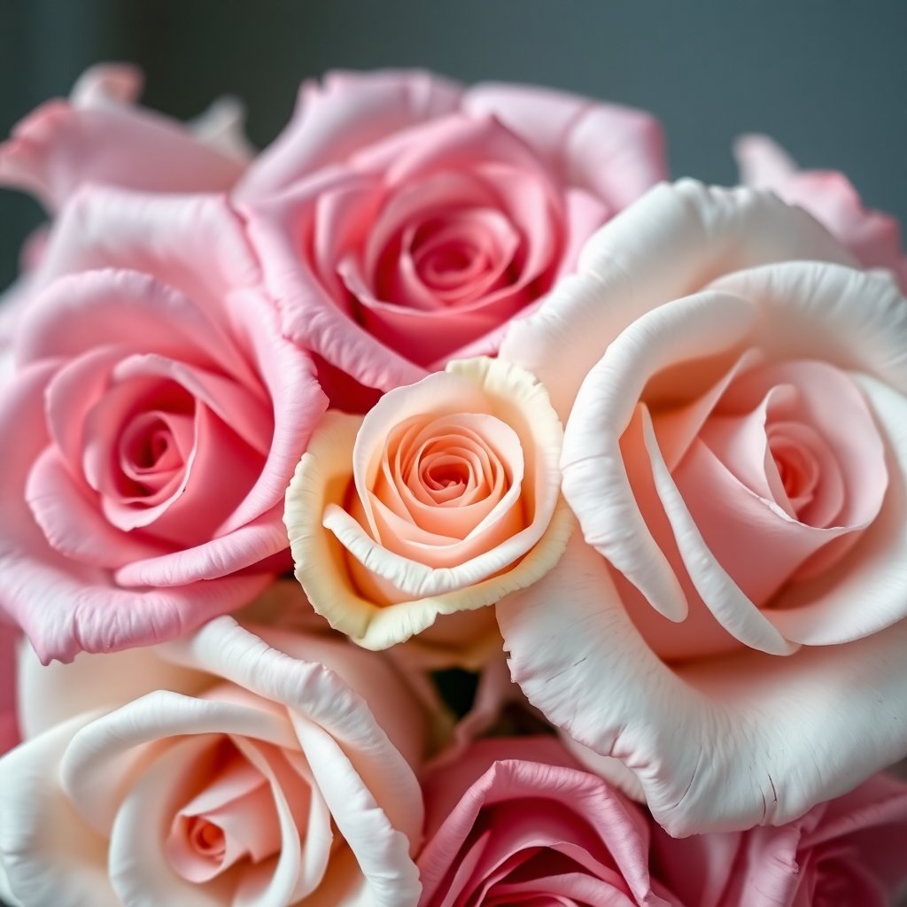 Close-up of a delicate floral decoration, luxury roses, soft pink and cream colors, artistic photography