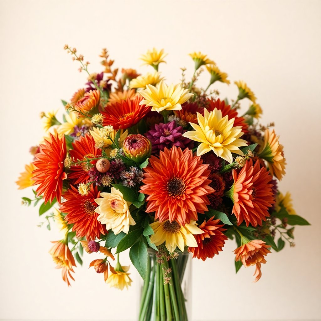 Seasonal autumn flower bouquet, luxury arrangement, professional photography, warm colors