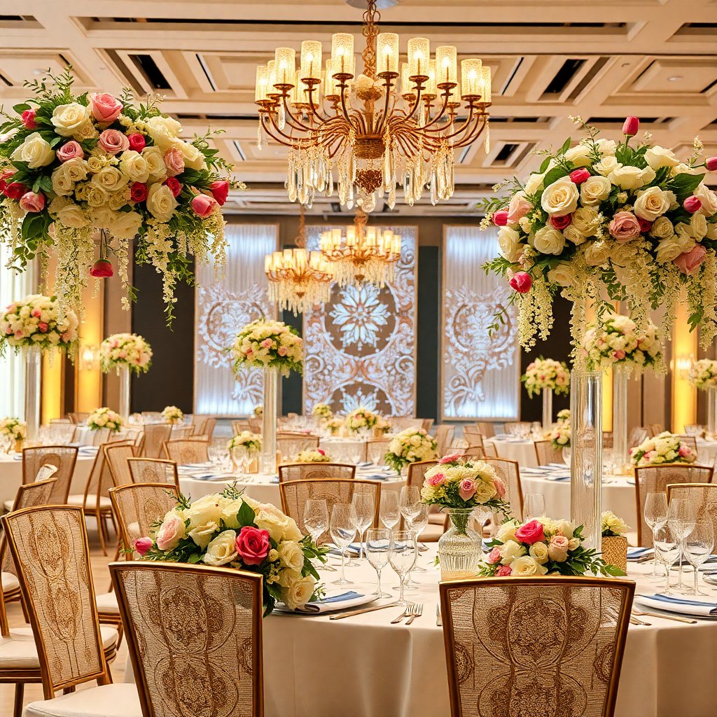 Wide shot of floral decorations at a luxury event, elegant table settings, flower arrangements, professional photography