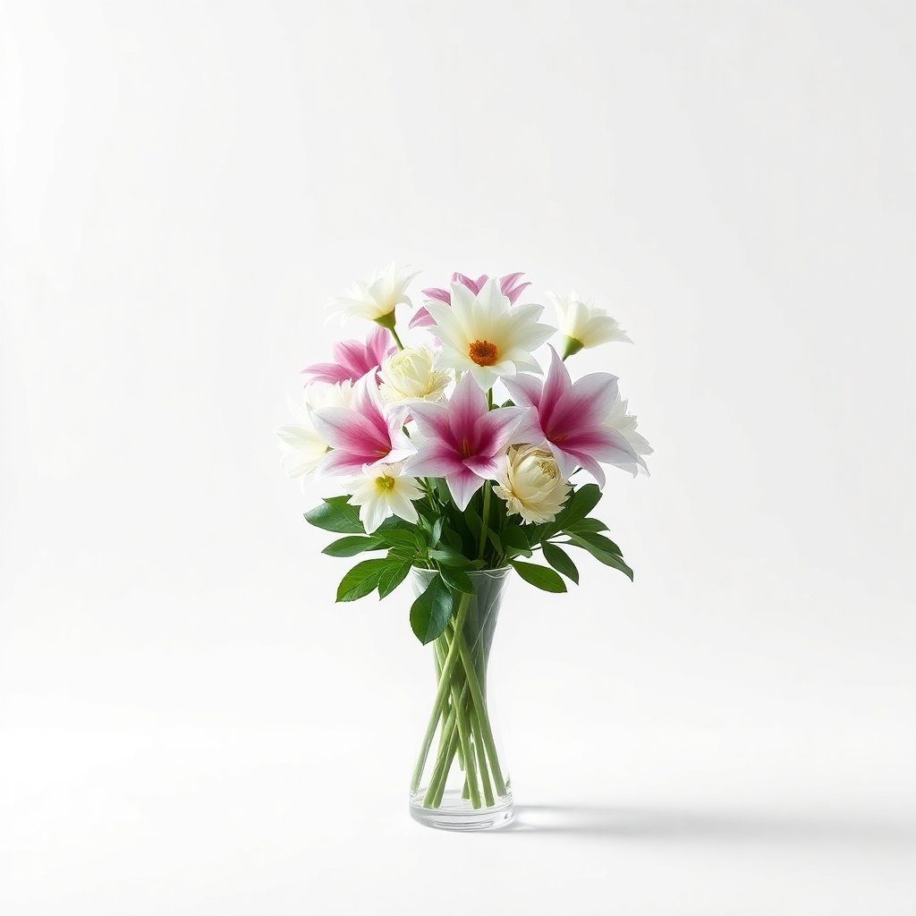 Artistic luxury flower arrangement in a vase, minimalist white background, professional photography, high contrast