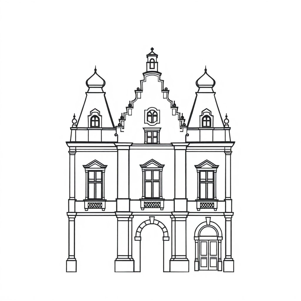 Elegant minimal line art illustration of a historic Prague building facade, thin black lines on white background, architectural sketch style, artistic and clean.