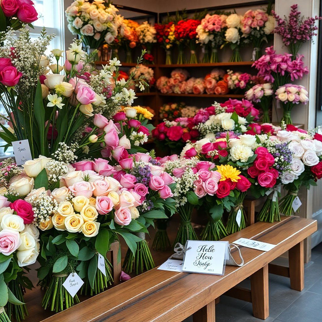 A variety of elegant flower bouquets in a boutique flower shop, wooden bench, price tags in calligraphy, boutique atmosphere, Prague style, 8k, soft natural lighting