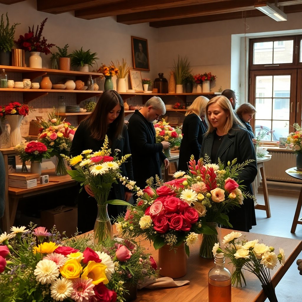 Flower workshop in a cozy atelier, people learning floristry, creative floral arrangements, Vodičkova street style, 8k, warm atmosphere