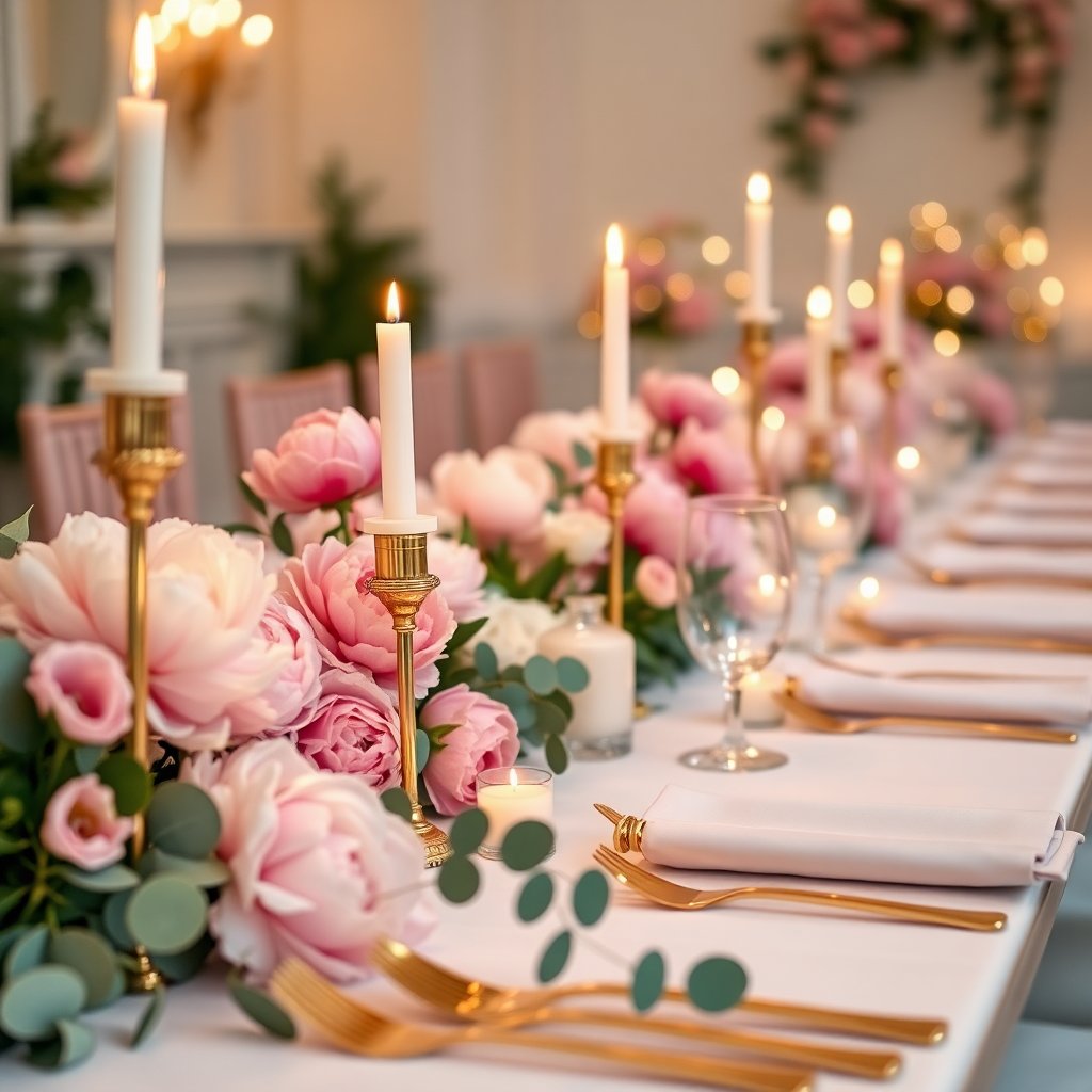 Close up of a romantic wedding table decoration, candles, peonies, eucalyptus, gold cutlery, luxury wedding reception, 8k
